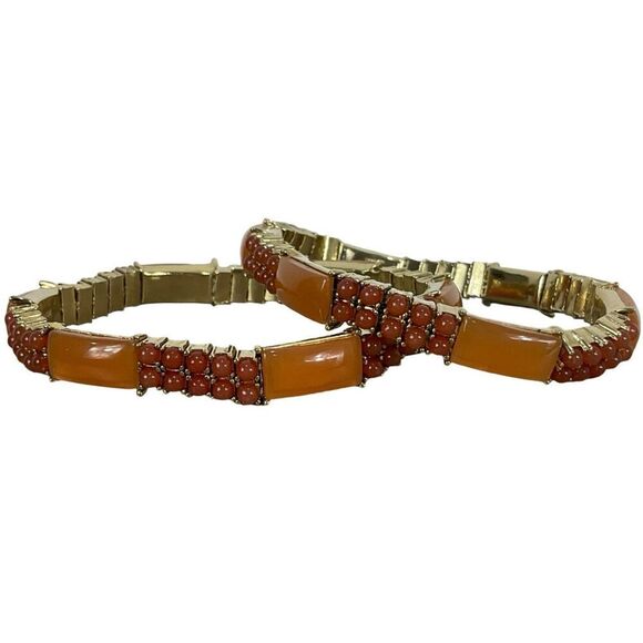 Pair of Monet Stretchy Bracelets Orange Acrylic Goldtone 7in - Picture 1 of 5